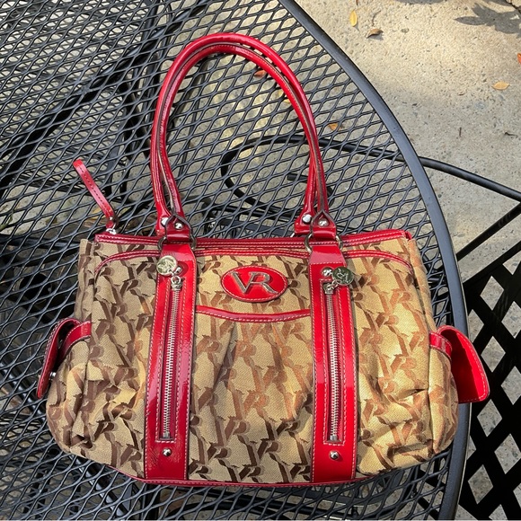 Gorgeous Red & Tan Silver Hardware & Zippers Double Handle Victoria Roberts Bag! - Picture 7 of 16